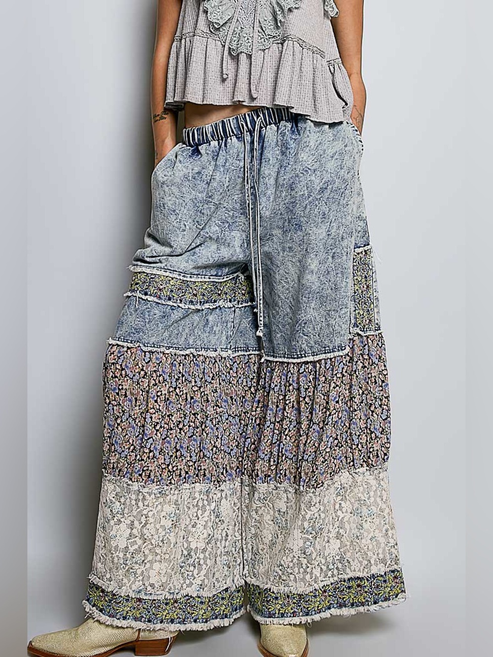 New POL Boho Patchwork Wide-Leg Pants